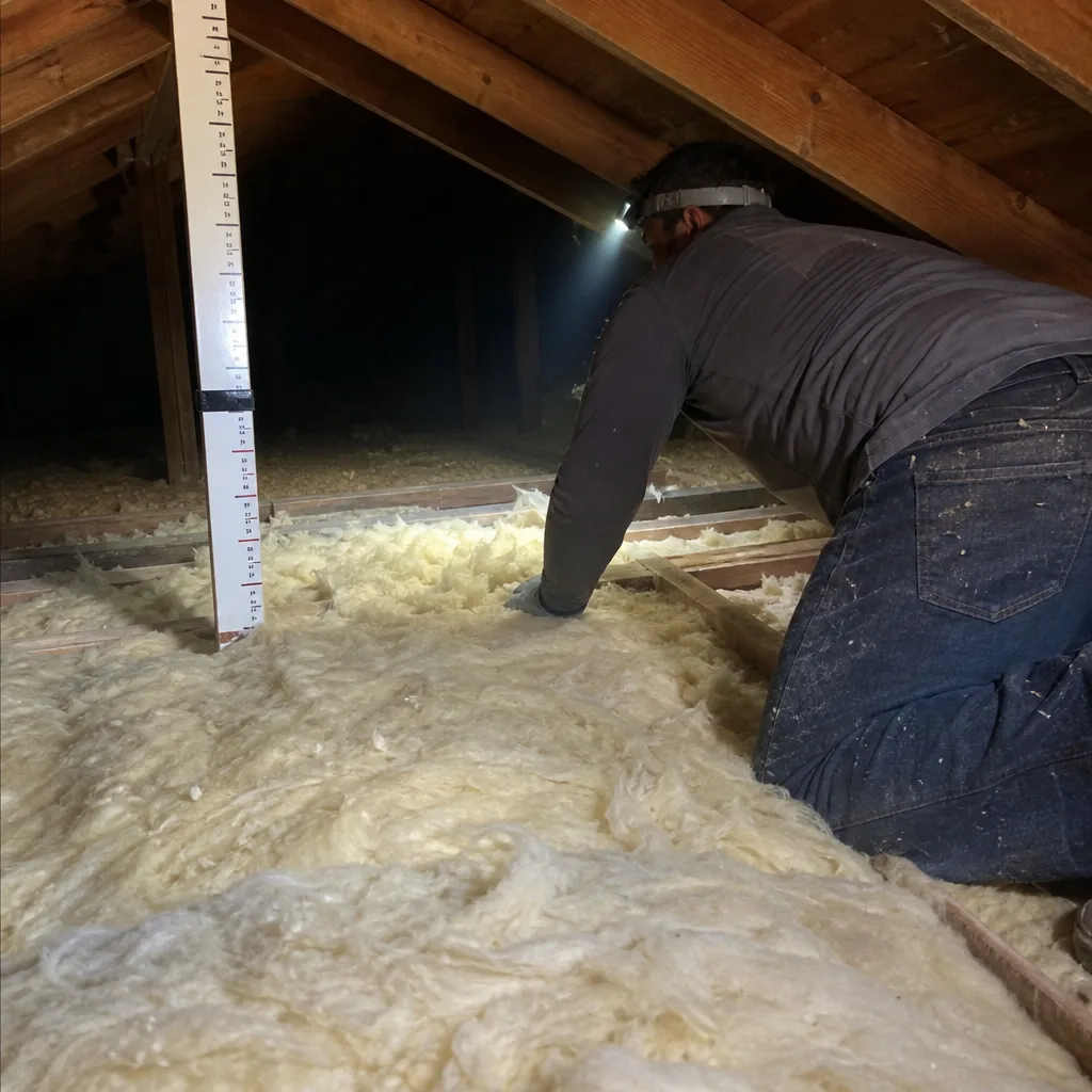 Professional insulation contractor inspecting attic fiberglass insulation depth