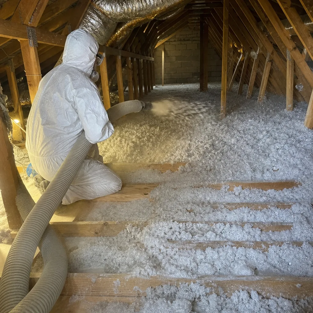 Professional contractor blowing loose-fill insulation into a residential attic